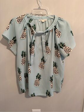 Tie-Neck Pineapple Print Blouse in Light Blue